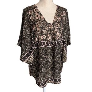 SUNNER black and tan floral silk kimono sleeve tunic top